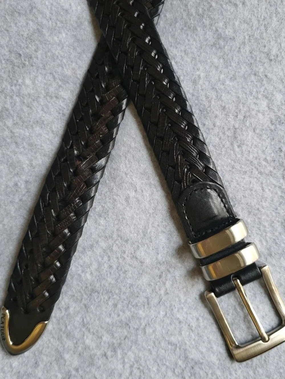 PGA Tour Braided Leather Belt Mens 38 Black Woven Stainless Steel Dress Work